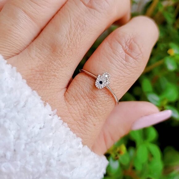 Women's 925 Thin Sterling Silver Hand Ring Dainty Small Minimalist Amulet Ring - Picture 3 of 9